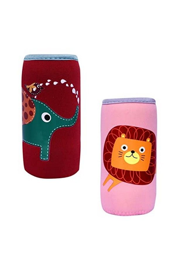 Adjustable Reusable Stretchable Baby Feeding Bottle Cover Sleeves Cartoon Prints With Holding Strap Suitable For 120Ml 220Ml 240Ml Slim Neck Feeding Milk;Water Feeder Bottles(Pack Of 2;El Li)