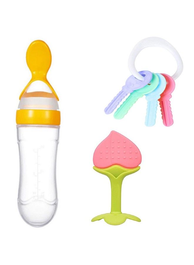 Baby Soft Silicone Fruit Shaped Teether Teething Toys With Key Shaped Teether And Baby Silicone Spoon Feeding Bottle Feeder (Design 103)