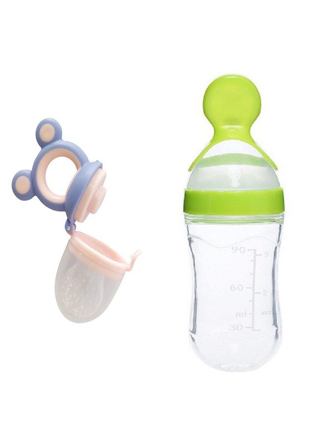 Baby Food Grade Silicone Squeezy Spoon Feeding Bottle For Feeding Solid And Semi Solid Ceralac Food Feeder Bpa Free With Baby Rattle Fresh Fruit Vegetable Soother Pacifier Teether (Design 202)