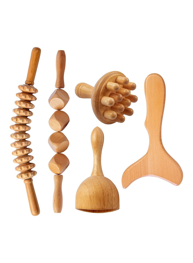 5 In 1 Wood Therapy Massage Tools Maderoterapia Kit Wood Therapy Set Lymphatic Drainage Massager Wooden Gua Sha Tools Wooden Massager Roller Rope For Body Shaping Anti Cellulite