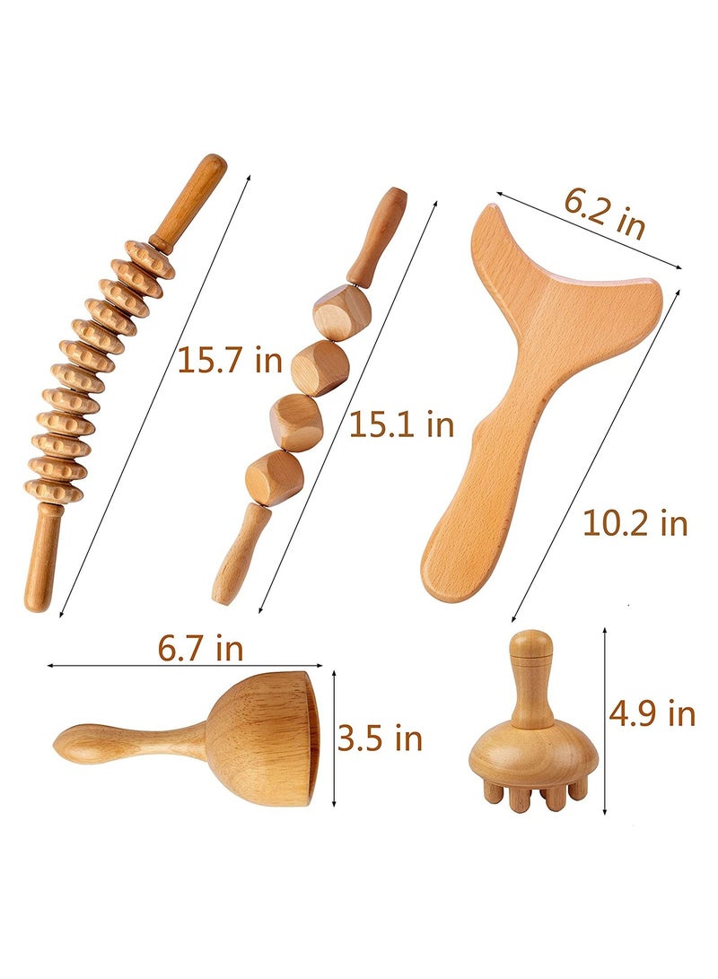 5 In 1 Wood Therapy Massage Tools Maderoterapia Kit Wood Therapy Set Lymphatic Drainage Massager Wooden Gua Sha Tools Wooden Massager Roller Rope For Body Shaping Anti Cellulite