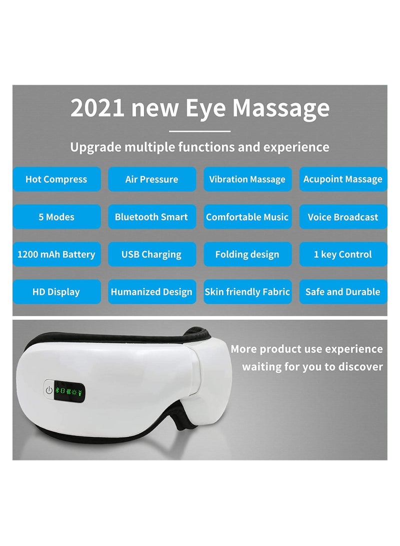 Foldable Eye Massager with Heat, Compression, Air Pressure & Vibration Massage to Relieve Eye Fatigue 5 Modes Adjustable, Eye Massager with Bluetooth Music, USB Rechargeable