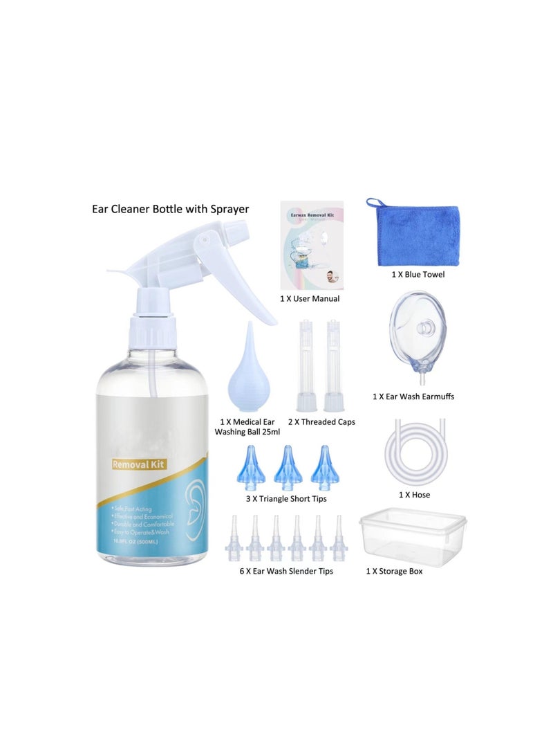 Ear Wax Washing Kit Professional Ear Cleaner Set With Irrigation Water Washing Syringe And Squeeze Bulb Effective Ear Wax Removal Tool For Adults And Kids (500ml)