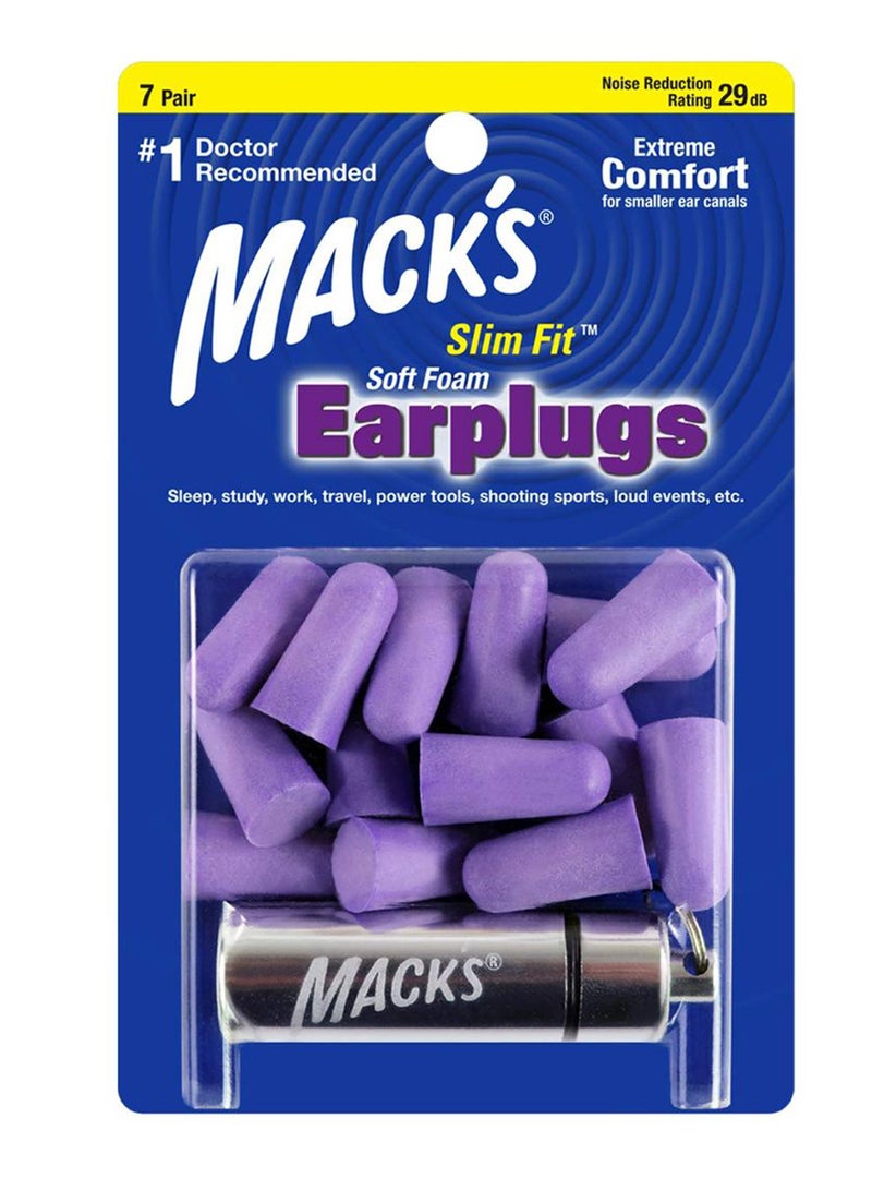 Pair Of 7 Slim Fit Soft Foam Earplugs with travel case