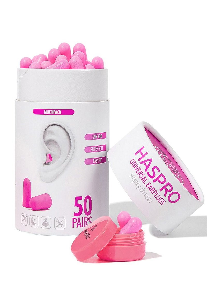 HASPRO [50 PAIRS] Eco-Friendly Bulk Pack, Ultra Soft Foam Earplugs in GIGA Tube with Carry Case, Best Earplugs for Noise Canceling, Snoring, Work, DIY, Noise Reduction SNR 38dB (Pink)