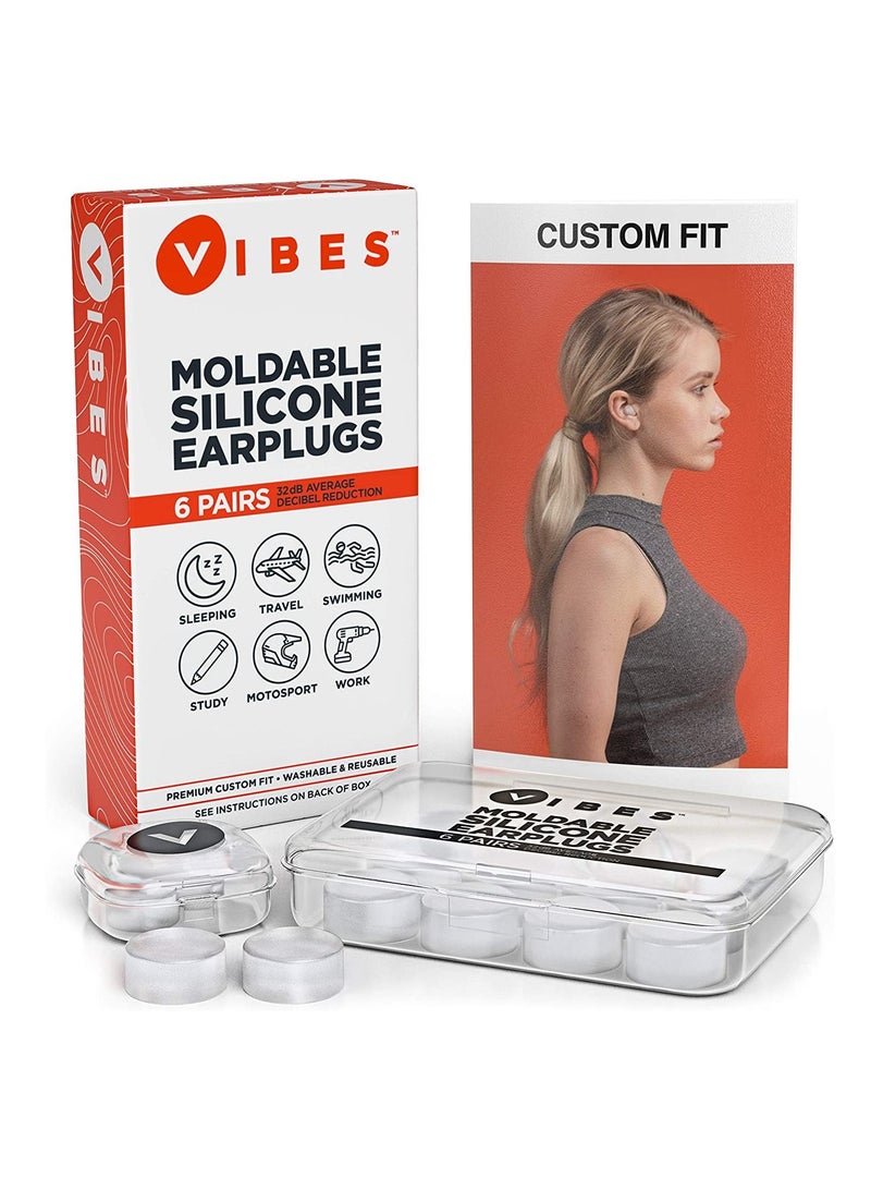 Silicone Ear Plugs - 6 Pairs Vibes Reusable Earplugs For Sleep, Custom Waterproof Moldable Gel, 32 dB Best Sound Blocking Earplug, Noise Reduction in Sleeping, Travel, Swimming, Studying, Construction