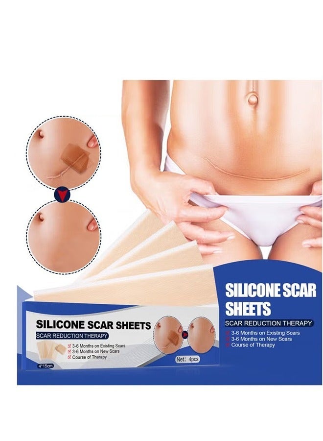 4PCS Professional Silicone Scar Sheets,Soft Silicone Gel Scar Tape Painless Silicone Tape Roll Effective Silicone Scar Removal Strips Sheets for C-Section & Keloid Surgery, Burn, Acne