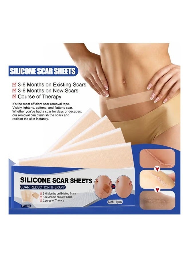 4PCS Professional Silicone Scar Sheets,Soft Silicone Gel Scar Tape Painless Silicone Tape Roll Effective Silicone Scar Removal Strips Sheets for C-Section & Keloid Surgery, Burn, Acne