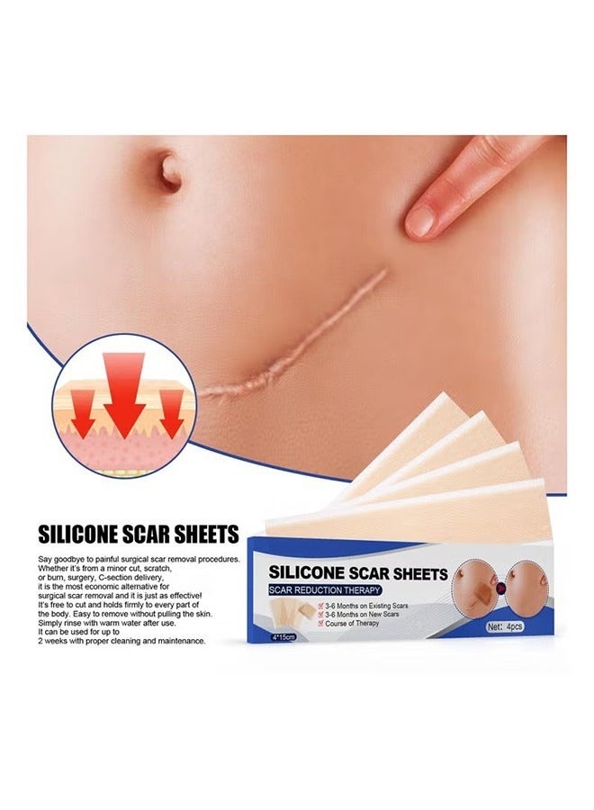 4PCS Professional Silicone Scar Sheets,Soft Silicone Gel Scar Tape Painless Silicone Tape Roll Effective Silicone Scar Removal Strips Sheets for C-Section & Keloid Surgery, Burn, Acne