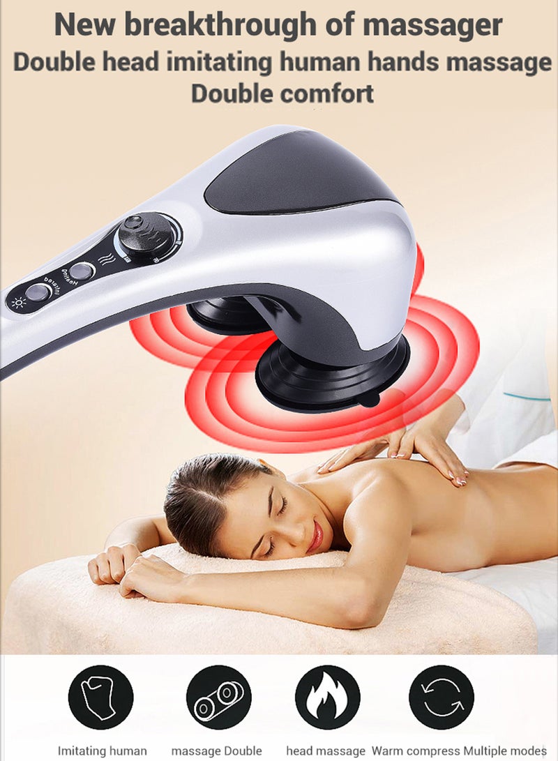 Electric Portable Double Head Massager Full Body Handheld Dual Heating Vibration Infrared Deep Tissue Massage Percussion For Neck Shoulder Back Arms Leg Foot Calf Muscle Relax Hand Tension Pain Relief
