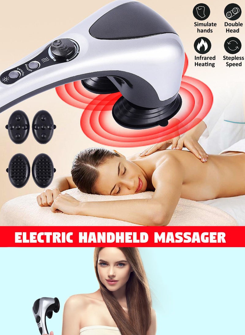Electric Portable Double Head Massager Full Body Handheld Dual Heating Vibration Infrared Deep Tissue Massage Percussion For Neck Shoulder Back Arms Leg Foot Calf Muscle Relax Hand Tension Pain Relief