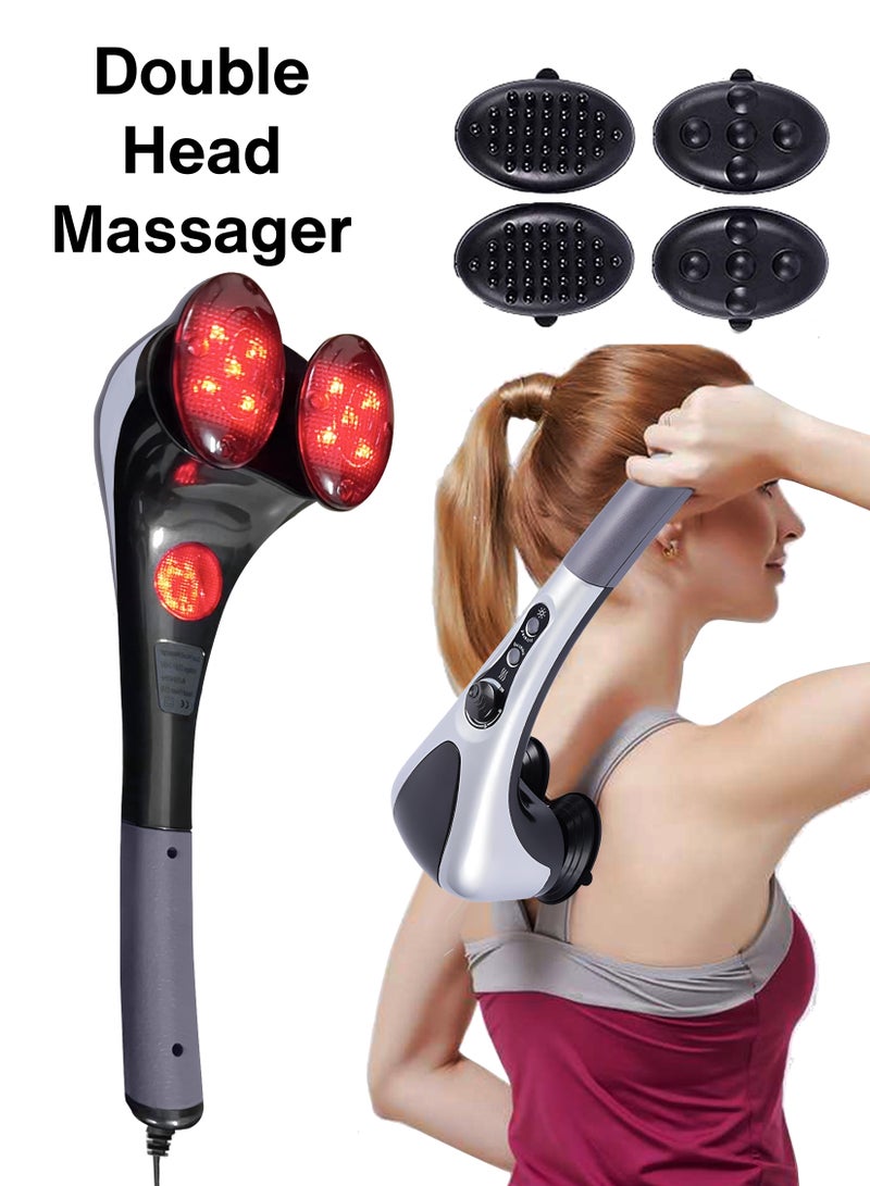 Electric Portable Double Head Massager Full Body Handheld Dual Heating Vibration Infrared Deep Tissue Massage Percussion For Neck Shoulder Back Arms Leg Foot Calf Muscle Relax Hand Tension Pain Relief