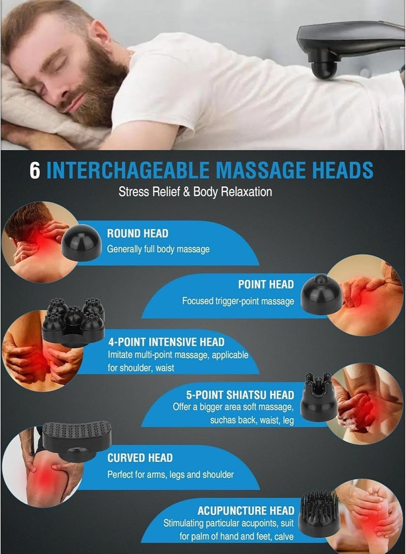 Electric Handheld Massager with 6 Interchangeable Heads for Deep Tissue Percussion Vibration and Targeted Muscle Relief