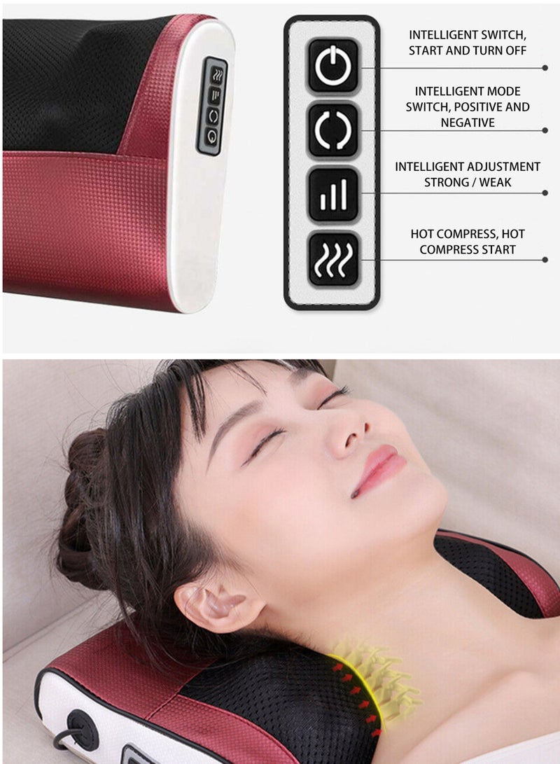 Heated Massage Pillow for Neck, Shoulder, and Body Relief with Two-Way Kneading and 8 Heads