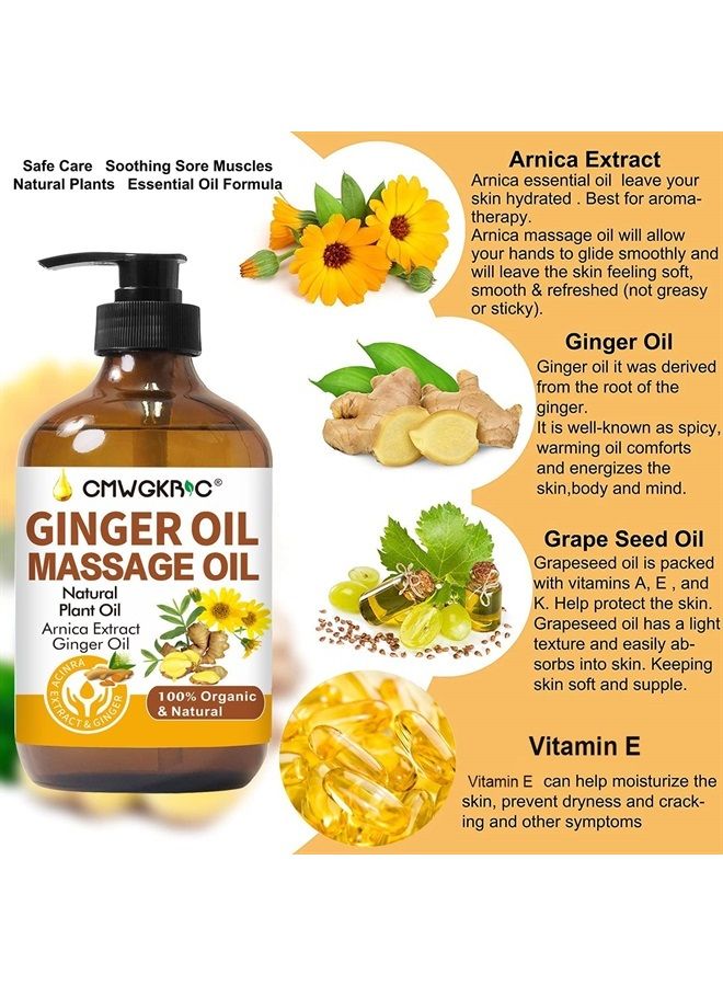 Ginger Oil, Ginger Massage Oil for Lymphatic Drainage, Arnica Oil, 100% Natural Massage Oil with Grape Seed Oil, Arnica Extract, Vitamin E Oil and Ginger Oil-Warming and Relaxing