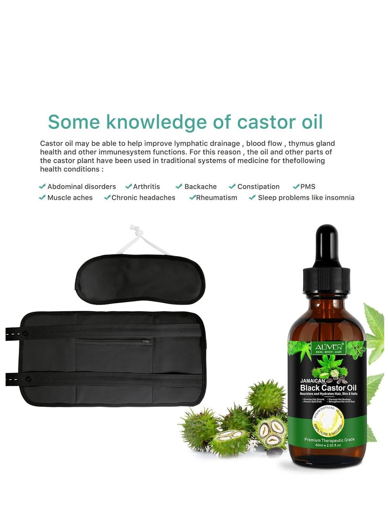 3 in 1 Castor Oil Wrap Set for Waist and Neck Liver Detox Cotton Flannel Soothing, Reusable Castor Oil Pack Deeper Sleep Less Stress Wrap for Thyroid Neck with Organic Castor Oil for Men