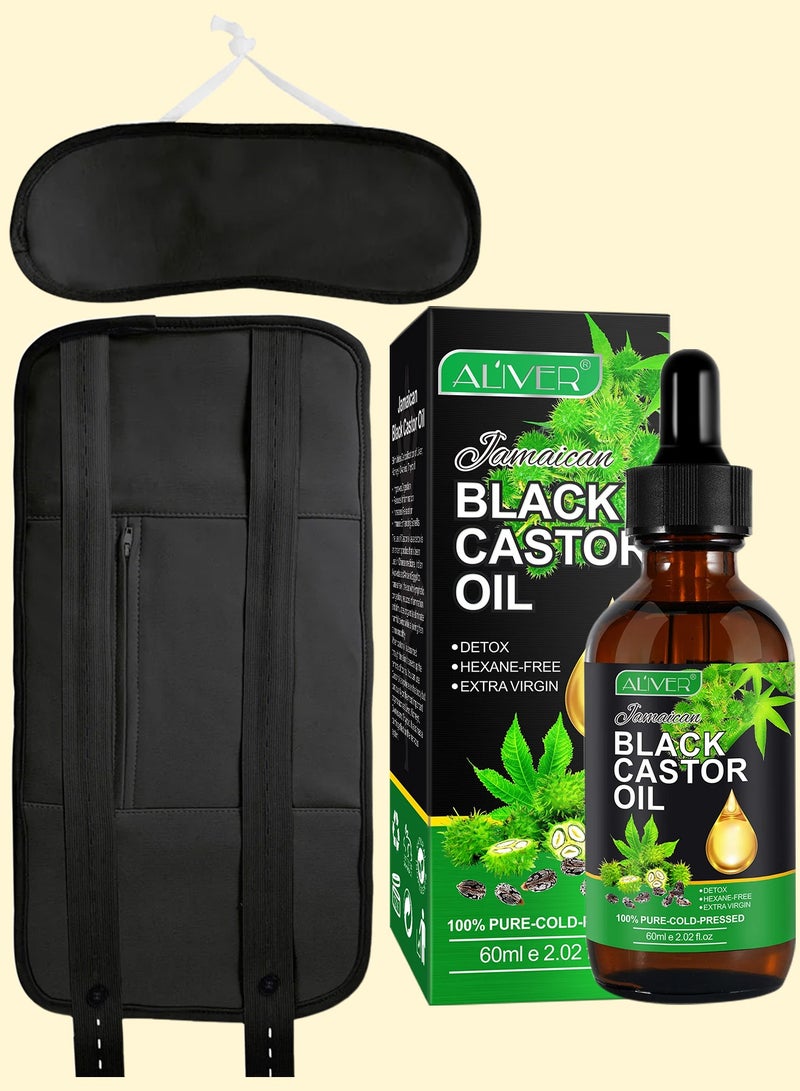 3 in 1 Castor Oil Wrap Set for Waist and Neck Liver Detox Cotton Flannel Soothing, Reusable Castor Oil Pack Deeper Sleep Less Stress Wrap for Thyroid Neck with Organic Castor Oil for Men