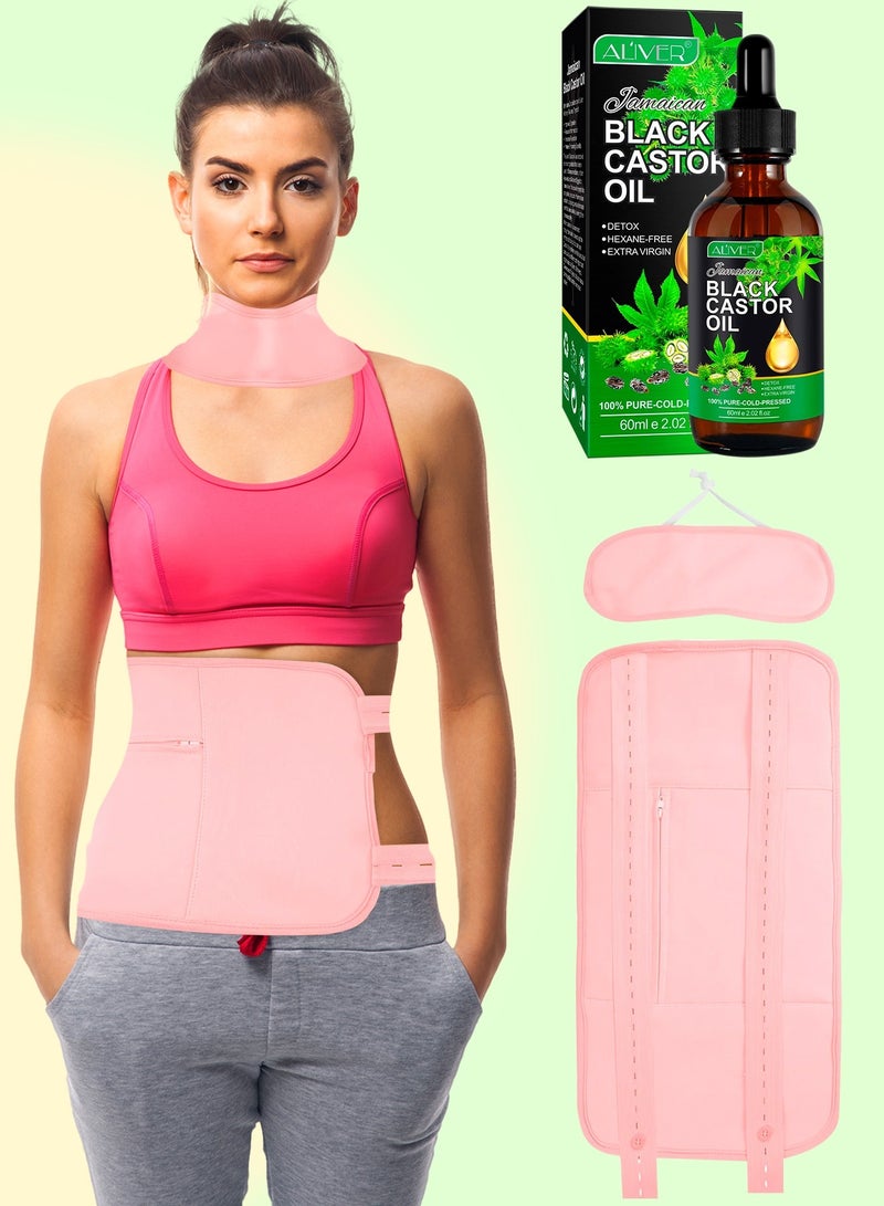 Castor Oil Wrap Set for Waist and Neck,Reusable Castor Oil Pack Kit for Liver, Adjustable Elastic Strap, Aid Sleep, Jamaican Black Castor Oil Pack Cotton Flannel & Soft Ties for Waist and Thyroid Neck