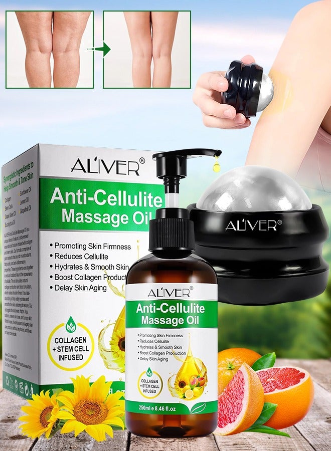 250ml Anti Cellulite Massage Oil with Massage Roller Ball Natural Collagen Body Oil Toning Moisturizing for Body Skin Tightening Cellulite Lotion Massage Oil Massage Therapy Roller