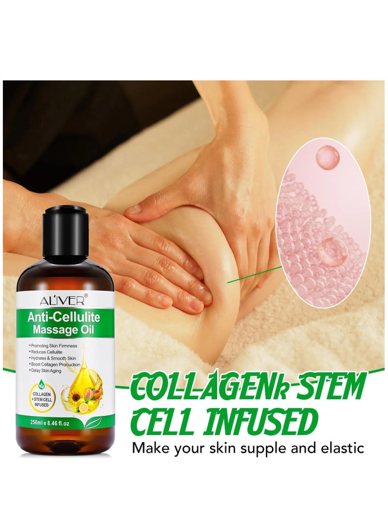 250ml Anti Cellulite Massage Oil with Massage Roller Ball Natural Collagen Body Oil Toning Moisturizing for Body Skin Tightening Cellulite Lotion Massage Oil Massage Therapy Roller