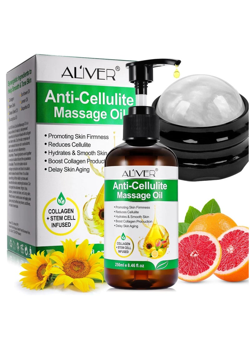 250ml Anti Cellulite Massage Oil with Massage Roller Ball Natural Collagen Body Oil Toning Moisturizing for Body Skin Tightening Cellulite Lotion Massage Oil Massage Therapy Roller