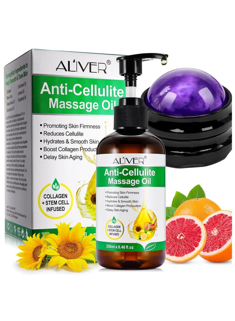 250ml Anti Cellulite Massage Oil with Massage Roller Ball Natural Collagen Body Oil Toning Moisturizing for Body Skin Tightening Cellulite Lotion Massage Oil Massage Therapy Roller