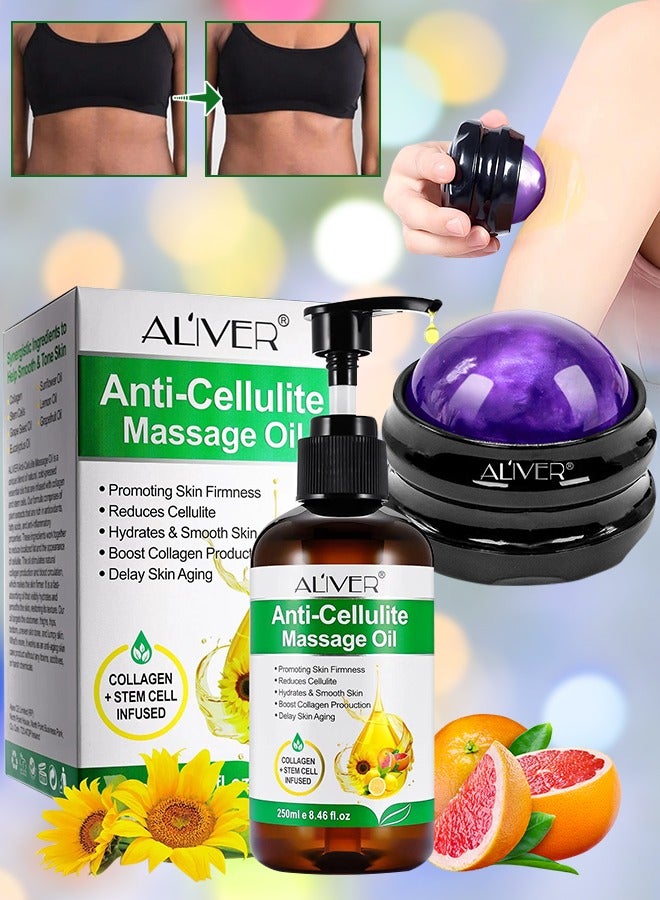 250ml Anti Cellulite Massage Oil with Massage Roller Ball Natural Collagen Body Oil Toning Moisturizing for Body Skin Tightening Cellulite Lotion Massage Oil Massage Therapy Roller