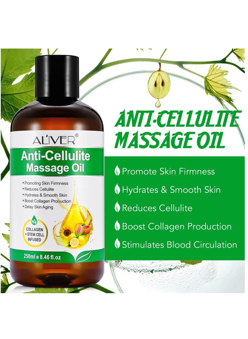 250ml Anti Cellulite Massage Oil with Massage Roller Ball Natural Collagen Body Oil Toning Moisturizing for Body Skin Tightening Cellulite Lotion Massage Oil Massage Therapy Roller