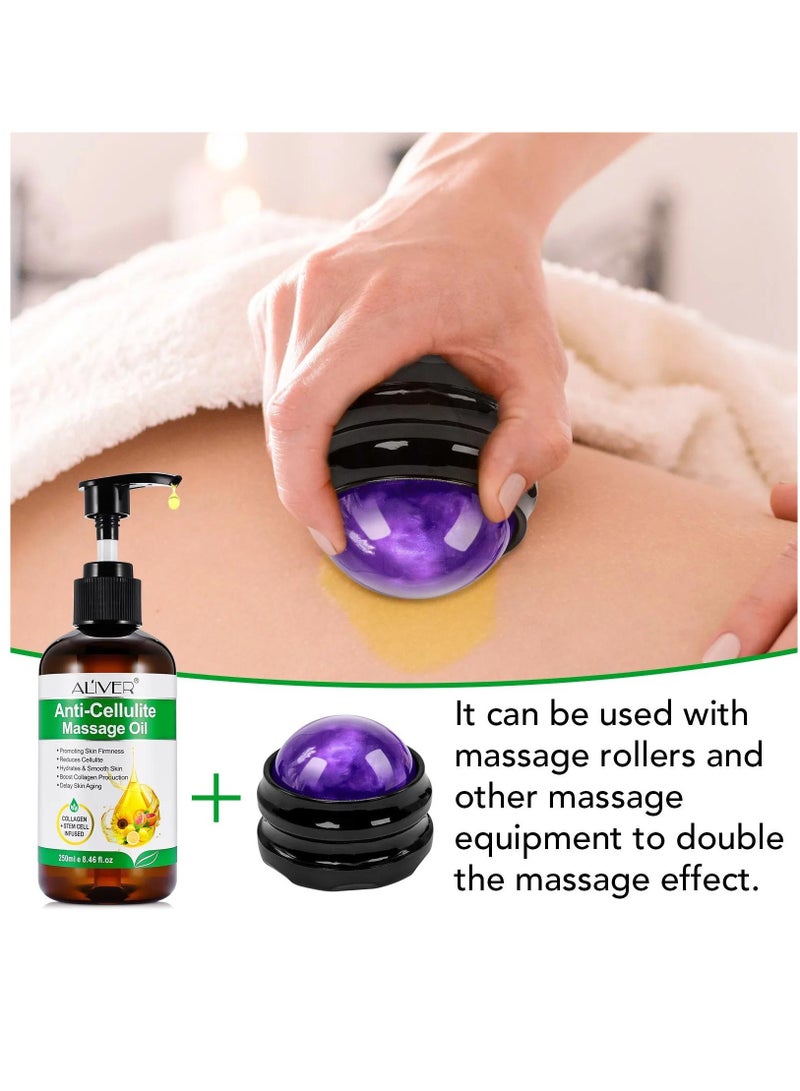 250ml Anti Cellulite Massage Oil with Massage Roller Ball Natural Collagen Body Oil Toning Moisturizing for Body Skin Tightening Cellulite Lotion Massage Oil Massage Therapy Roller