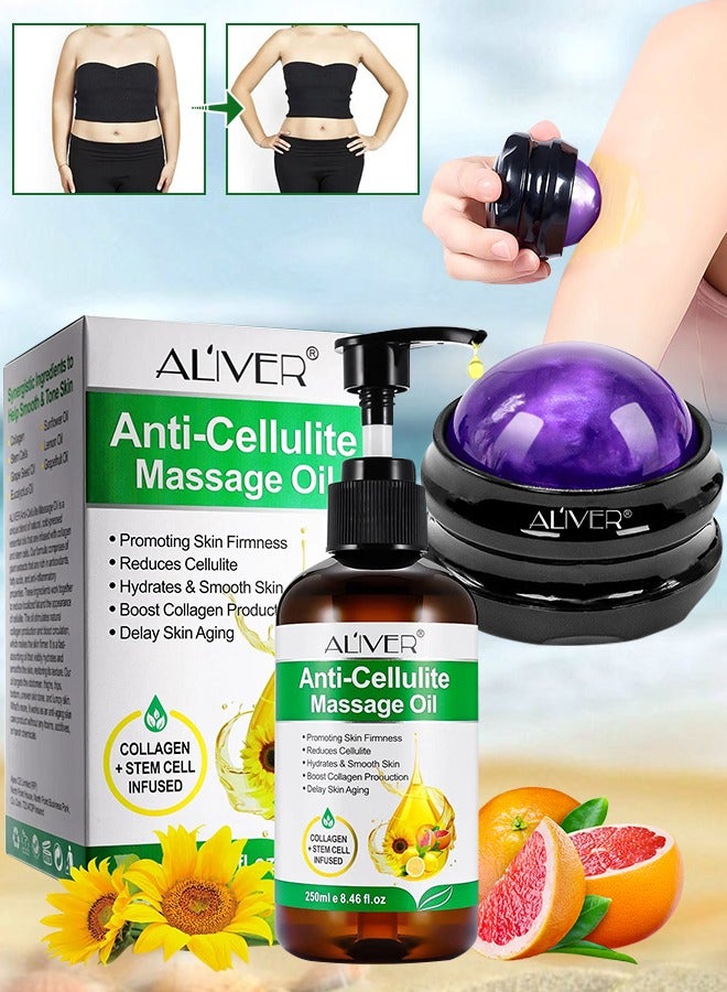 250ml Anti Cellulite Massage Oil with Massage Roller Ball Natural Collagen Body Oil Toning Moisturizing for Body Skin Tightening Cellulite Lotion Massage Oil Massage Therapy Roller