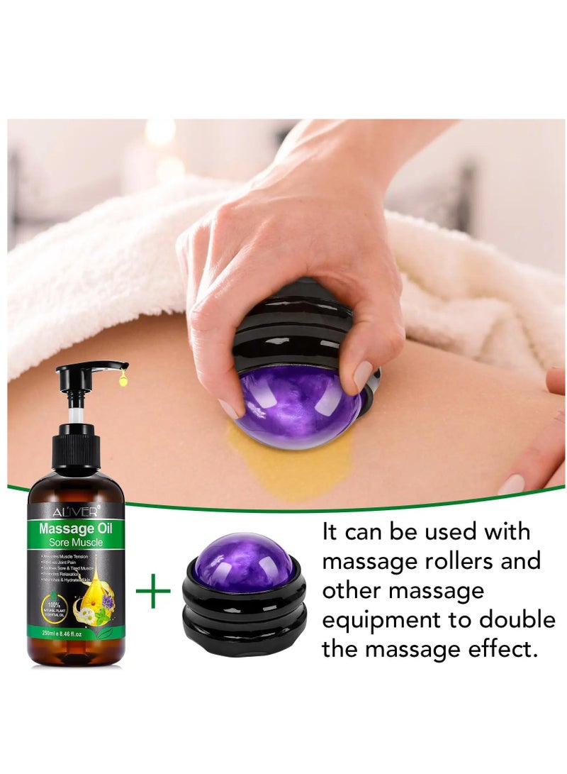 250ml Sore Muscle Massage Oil with Massage Roller Ball Natural Oil with Arnica Lavender Peppermint & Almond Relaxing Eases Muscle Soreness Stiffness Moisturizes Skin Essential Oils