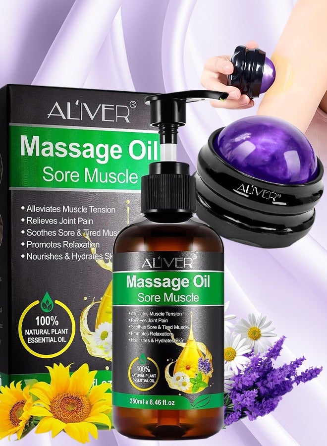 250ml Sore Muscle Massage Oil with Massage Roller Ball Natural Oil with Arnica Lavender Peppermint & Almond Relaxing Eases Muscle Soreness Stiffness Moisturizes Skin Essential Oils