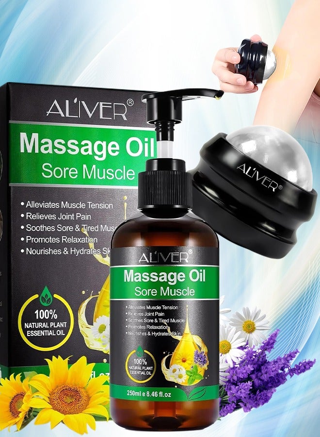 250ml Sore Muscle Massage Oil with Massage Roller Ball Natural Oil with Arnica Lavender Peppermint & Almond Relaxing Eases Muscle Soreness Stiffness Moisturizes Skin Essential Oils