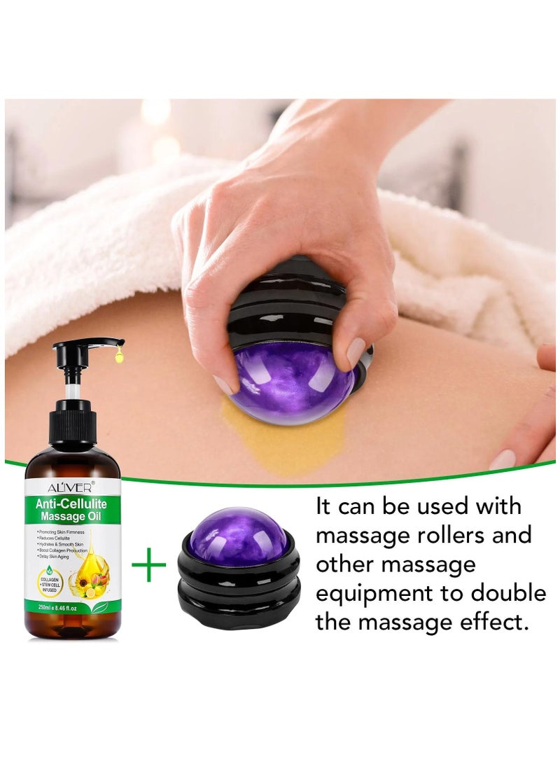 250ml Anti Cellulite Massage Oil with Massage Roller Ball Natural Collagen Body Oil Toning Moisturizing for Body Skin Tightening Cellulite Lotion Massage Oil Massage Therapy Roller