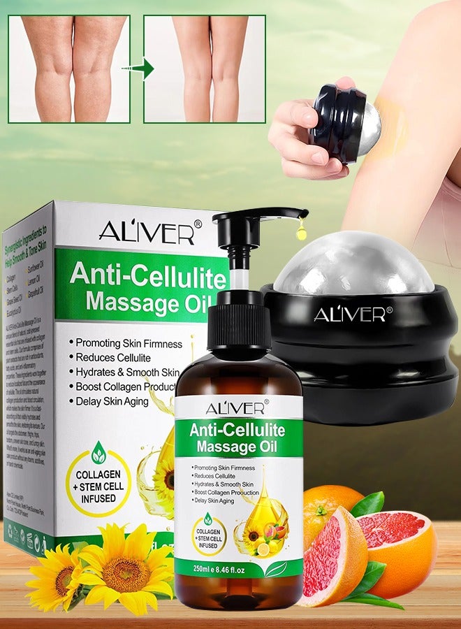 250ml Anti Cellulite Massage Oil with Massage Roller Ball Natural Collagen Body Oil Toning Moisturizing for Body Skin Tightening Cellulite Lotion Massage Oil Massage Therapy Roller