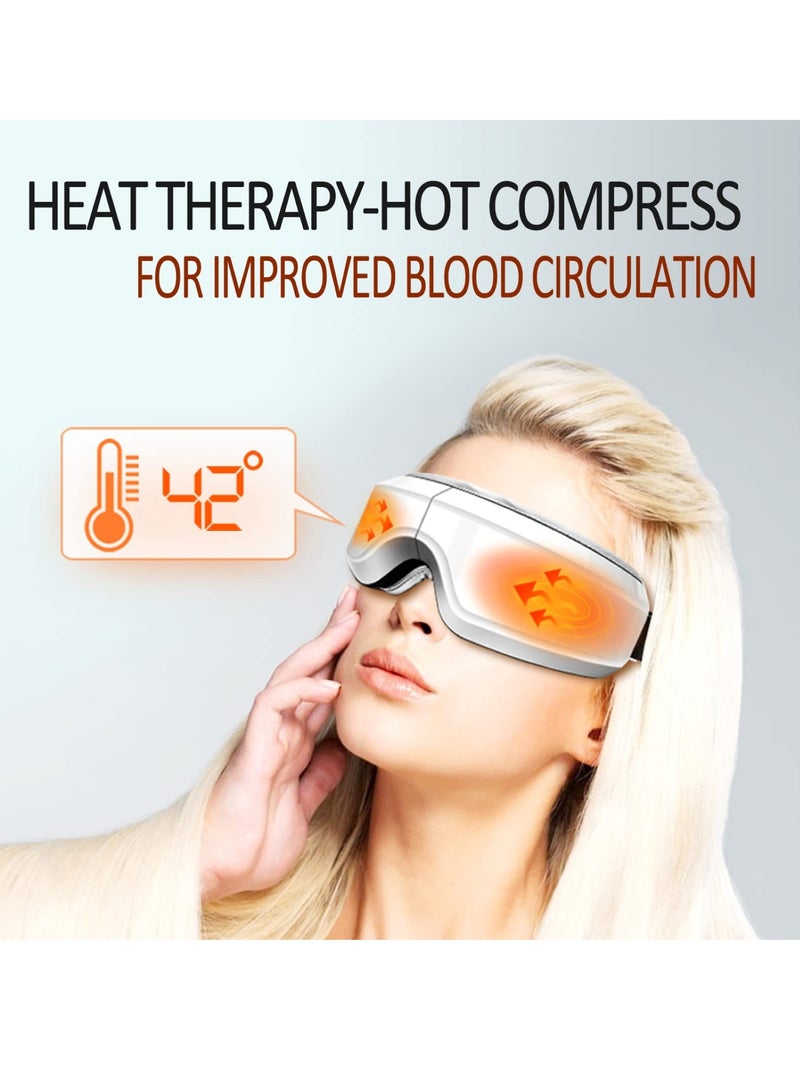 Eye Massager with Heat and Vibration, Hot Compress Eye Mask, Bluetooth Music Rechargeable Eye Protector, for Relax and Reduce Eye Strain Dark Circles Eye Bags Dry Eye Improve (White)