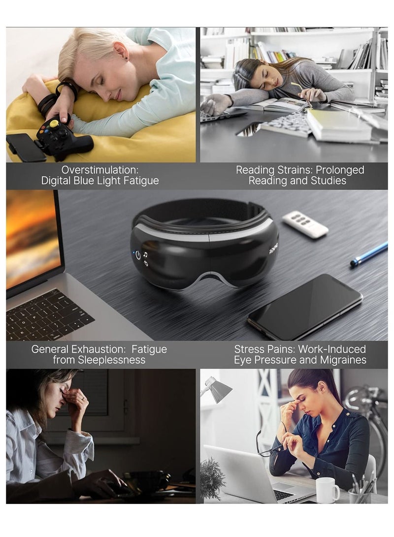 Eye Massager With Heat And Vibration, Remote Control, Compression Bluetooth Music Temple Eye Massage Mask Rechargeable-Black