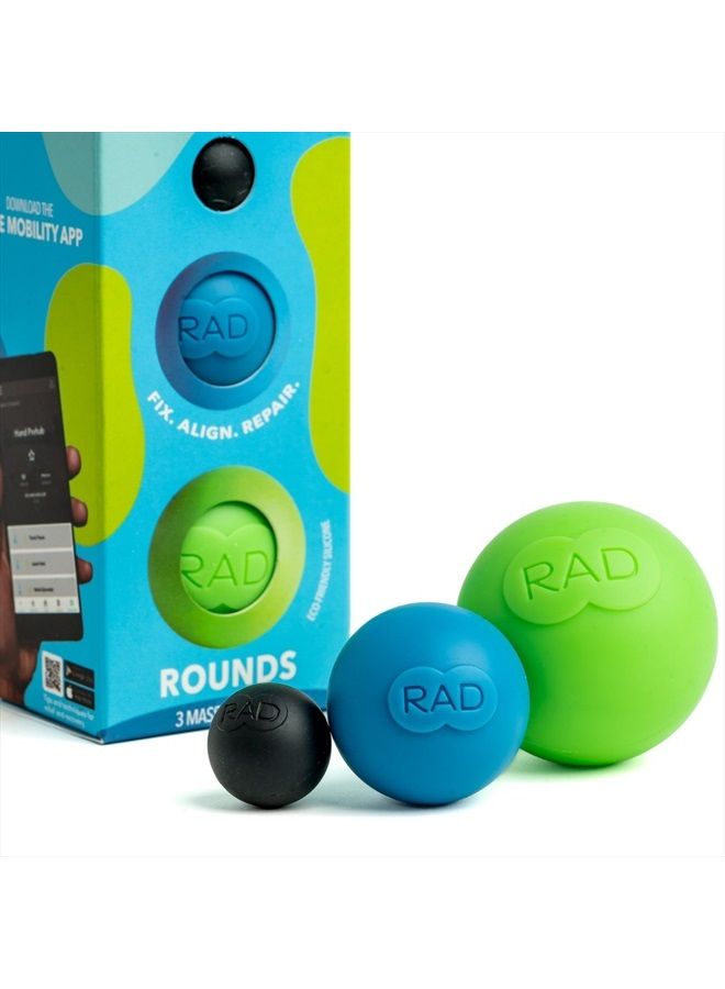 Rounds/Set of 3 Massage Balls/Eco Friendly Silicone/for Jaw, Hands and Plantar Fasciitis Myofascial Release, Mobility and Recovery