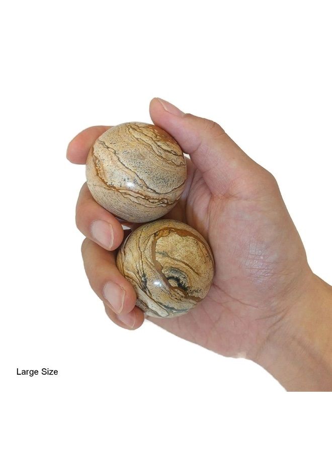 Picture Jasper Baoding Balls with Stand for Hand Therapy, Exercise, and Stress Relief (Large 2 Inch)