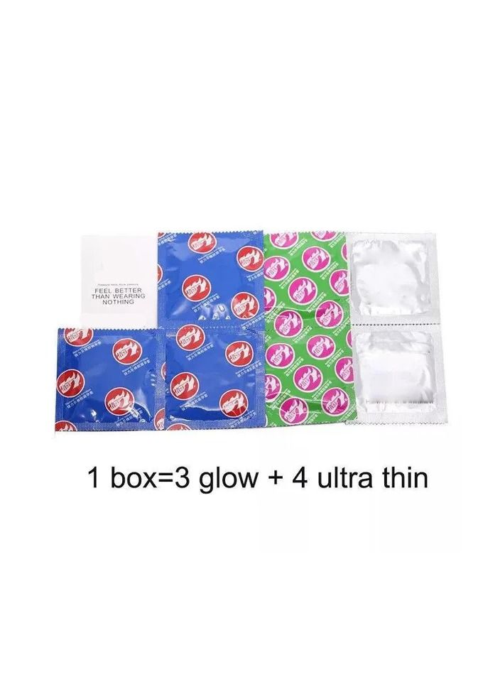 1-Box With 3PCS Glowing and 4PCS Ultrathin Condoms,Men Luminous and Ultra Thin Lubricated Latex Condoms