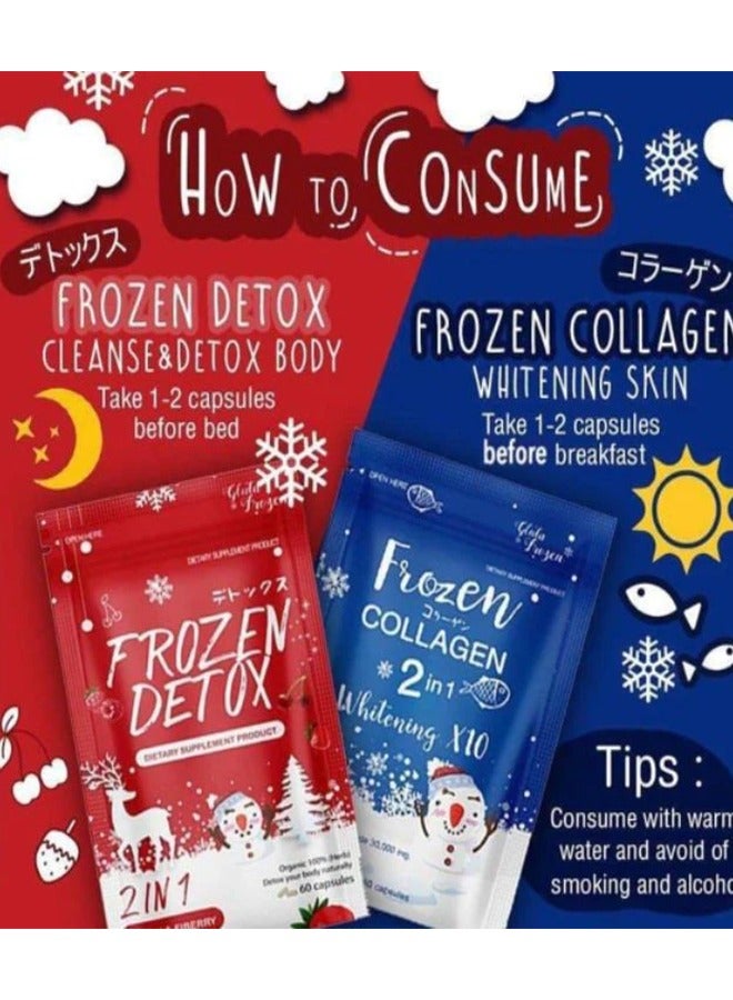 Pack of Frozen Collagen Plus 2in1 Whitening X10 (60 Capsules) and Frozen Detox 2in1 Detox and Fiberry (60 Capsules), Combat Acne, Freckles, Melasma, Lighten and Brighten Skin for Radiant Youthful Glow