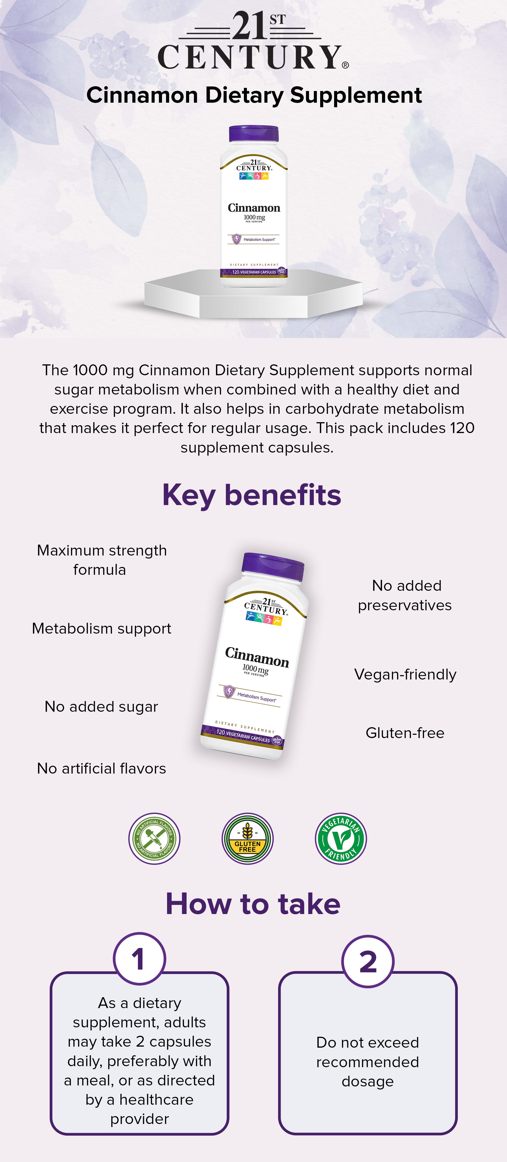 Cinnamon Dietary Supplement 1000 mg - 120 Vegetarian Capsules