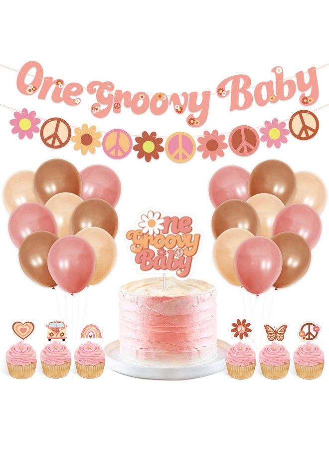 One Groovy Baby Birthday Hippie Party Decorations For Girls 1St Birthday Banner Cake Topper Boho Theme First Party Supples Favors Pink Brown Nude Ballons