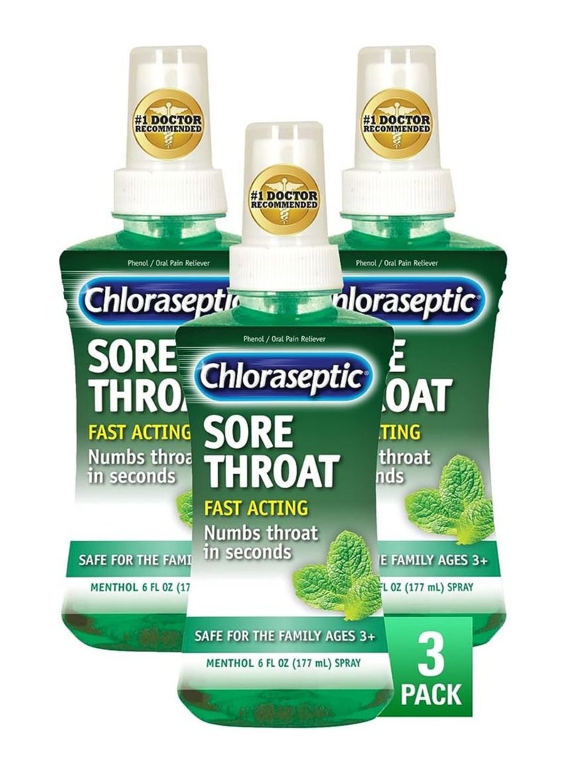 Chloraseptic Sore Throat Spray, Menthol, 6 fl oz, pack of 3