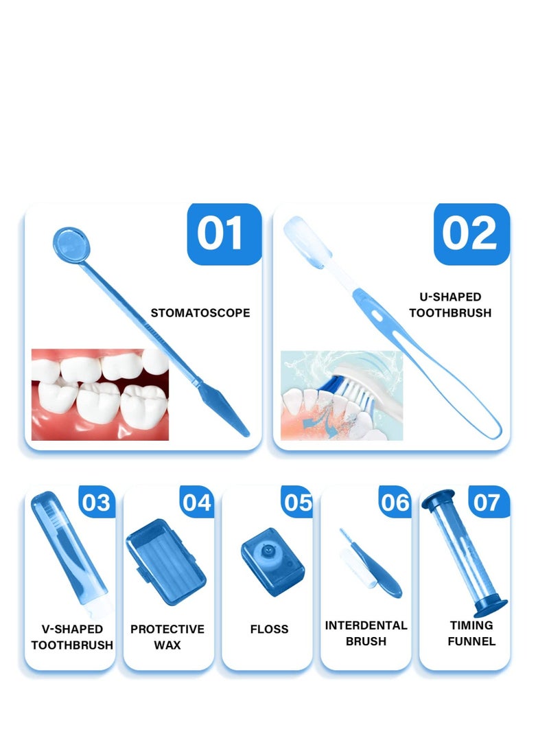 Braces Cleaning Kit for Orthodontic, 8 Pcs Portable Orthodontic Oral Care Braces, Interdental Brush Dental Wax Floss Toothbrush Box, Travel (Blue)