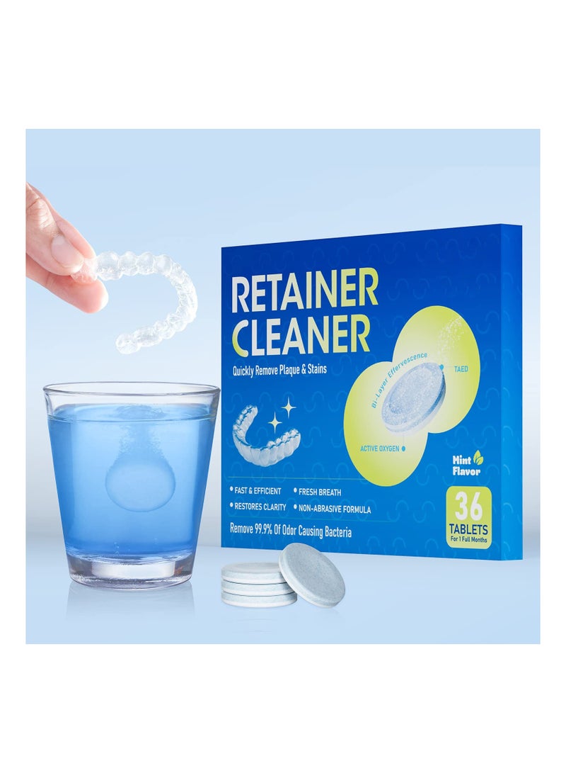 Denture Cleaning Tablets with Retainer 36PCS 1 Months Supply Cleansing for Night Mouth Guard False Teeth Removes Odors Stains Plaque Mint Flaver