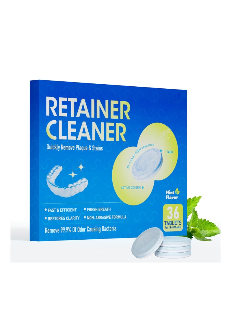 Denture Cleaning Tablets with Retainer 36PCS 1 Months Supply Cleansing for Night Mouth Guard False Teeth Removes Odors Stains Plaque Mint Flaver