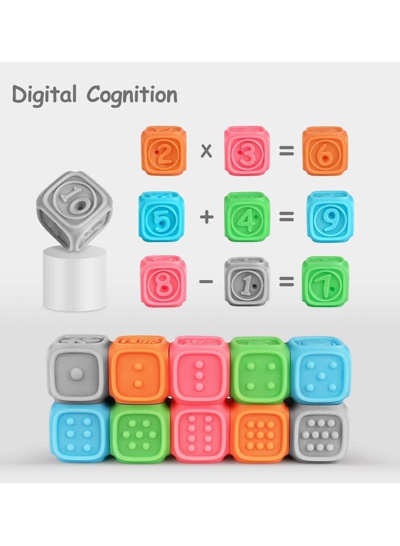 Baby Blocks, Soft Building Blocks Toys Teethers Chewing Toy Educational Squeeze Bath Play with Numbers Animals Shapes Letters for Toddlers 0-3 Years 6 Months and Up 10PCS