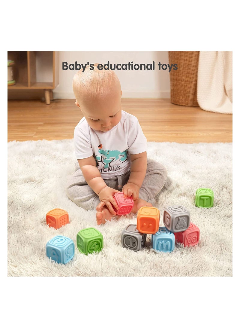 Baby Blocks, Soft Building Blocks Toys Teethers Chewing Toy Educational Squeeze Bath Play with Numbers Animals Shapes Letters for Toddlers 0-3 Years 6 Months and Up 10PCS