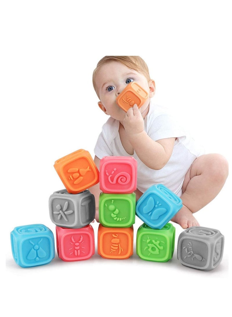 Baby Blocks, Soft Building Blocks Toys Teethers Chewing Toy Educational Squeeze Bath Play with Numbers Animals Shapes Letters for Toddlers 0-3 Years 6 Months and Up 10PCS